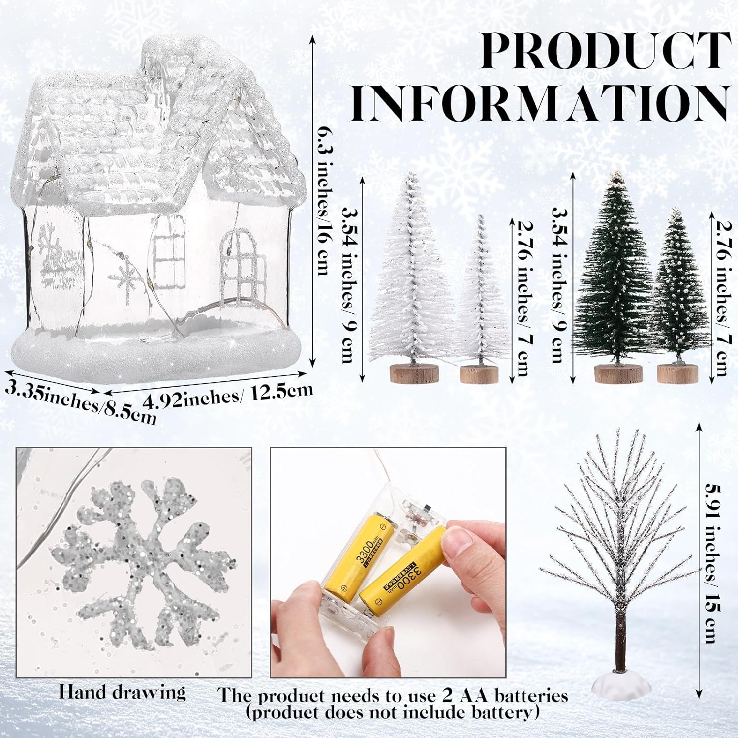 6 Pcs 6.3'' Lighted Christmas Village Set Large Glass Christmas Village Houses with 5 Xmas Trees Glitter Decorations Indoor Winter White Tabletop Decor for Xmas Holiday